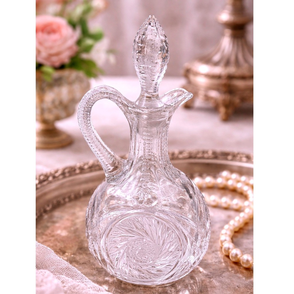 Vintage Aztec Glass Cut Oil Vinegar‎ Cruet Decanter with Stopper by McKee 6.5"